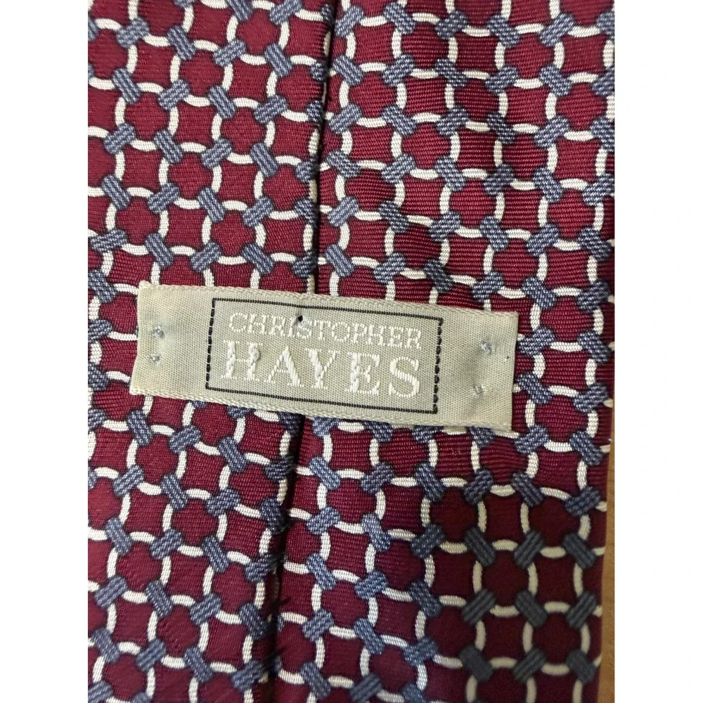 Christopher Hayes Mens Silk Tie Burgundy Red Blue Geometric Pattern USA Made